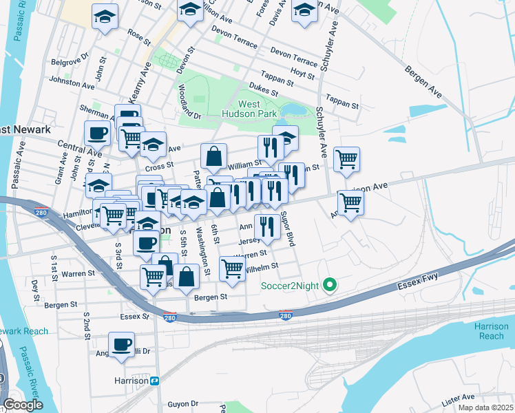 map of restaurants, bars, coffee shops, grocery stores, and more near 742 Harrison Avenue in Harrison