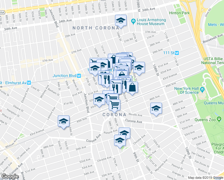map of restaurants, bars, coffee shops, grocery stores, and more near 99-19 42nd Avenue in Queens