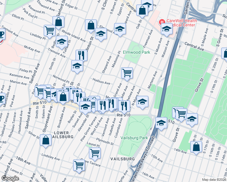 map of restaurants, bars, coffee shops, grocery stores, and more near 73 Grand Avenue in Newark