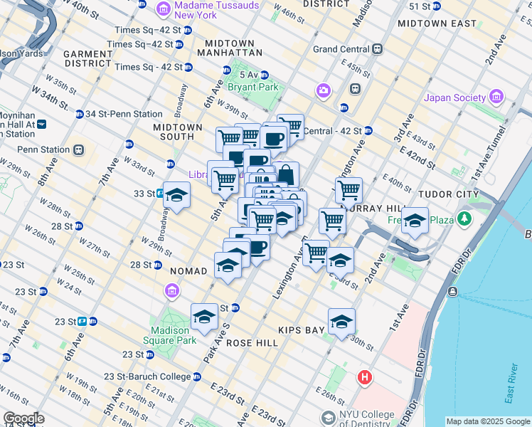 map of restaurants, bars, coffee shops, grocery stores, and more near 10 Park Avenue in New York