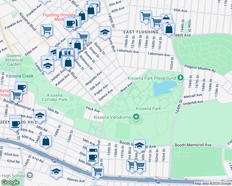 map of restaurants, bars, coffee shops, grocery stores, and more near 142-11 Rose Avenue in Queens