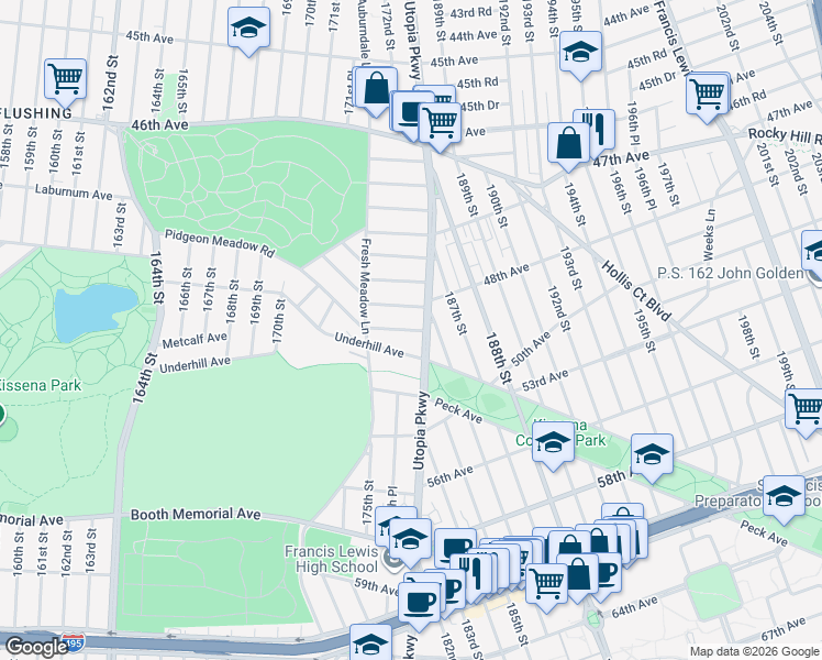 map of restaurants, bars, coffee shops, grocery stores, and more near 174-56 Pidgeon Meadow Road in Queens