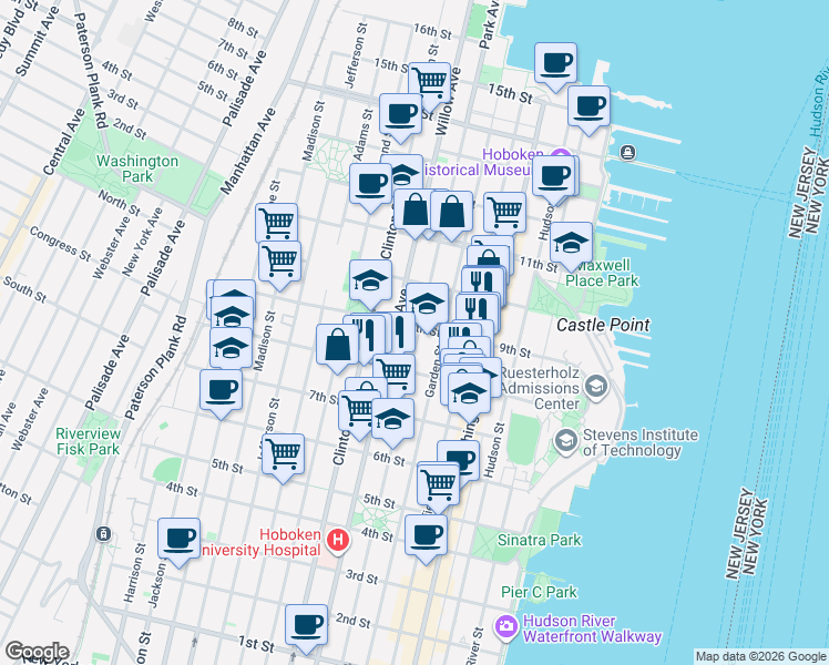map of restaurants, bars, coffee shops, grocery stores, and more near 836 Park Avenue in Hoboken