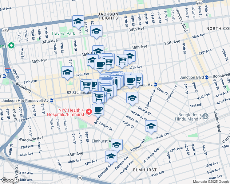 map of restaurants, bars, coffee shops, grocery stores, and more near 83-20 Roosevelt Avenue in Queens