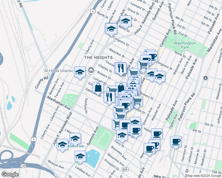 map of restaurants, bars, coffee shops, grocery stores, and more near 65 Lincoln Street in Jersey City