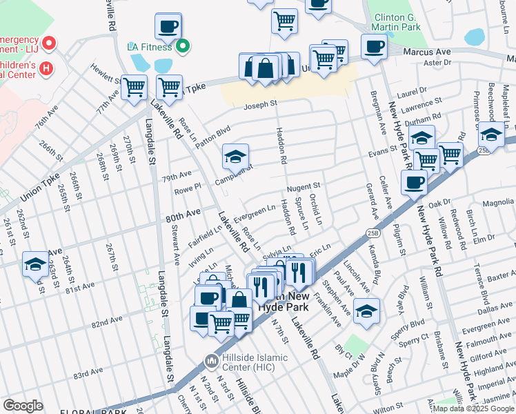 map of restaurants, bars, coffee shops, grocery stores, and more near 23 Evergreen Lane in New Hyde Park