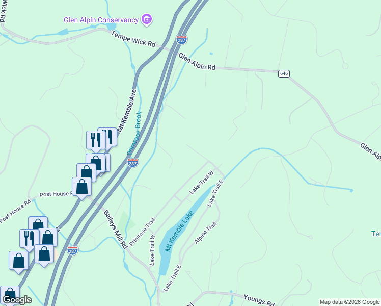 map of restaurants, bars, coffee shops, grocery stores, and more near 16 Trails End in Morristown