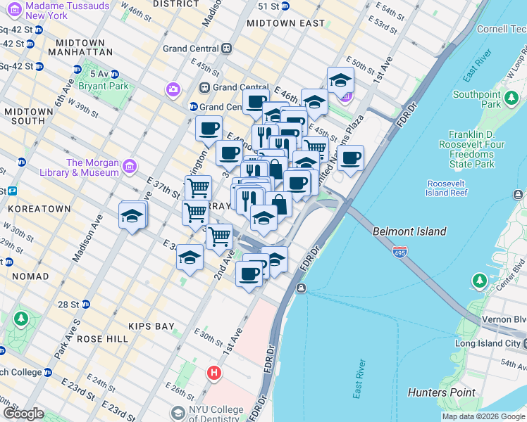 map of restaurants, bars, coffee shops, grocery stores, and more near 322 East 39th Street in New York