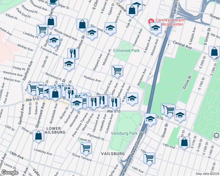 map of restaurants, bars, coffee shops, grocery stores, and more near 78 Cedar Avenue in Newark