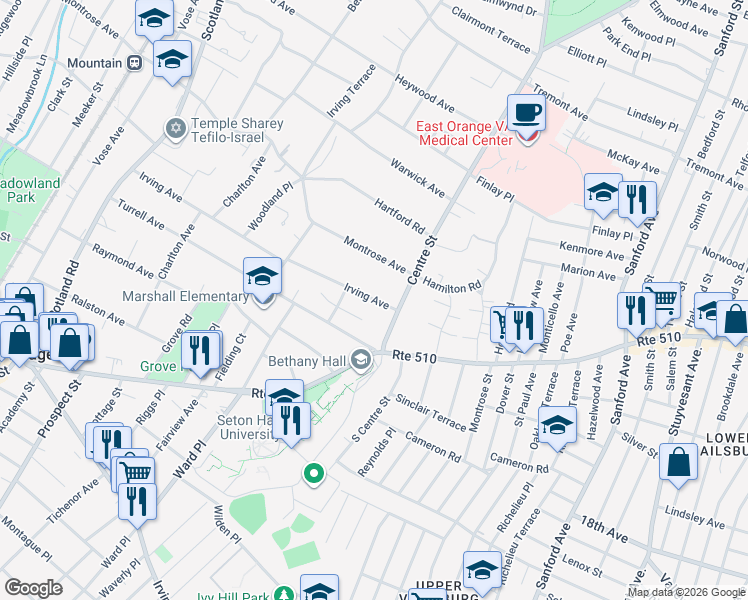 map of restaurants, bars, coffee shops, grocery stores, and more near 394 Irving Avenue in South Orange