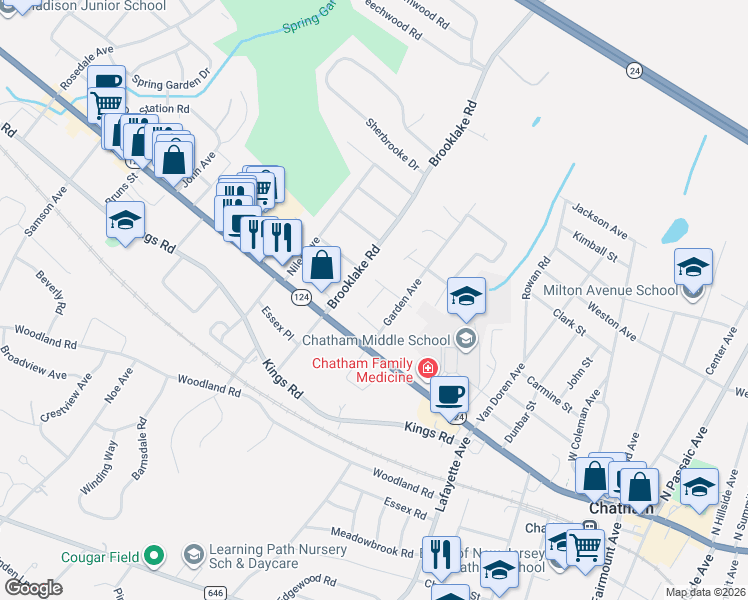 map of restaurants, bars, coffee shops, grocery stores, and more near 11 Meadow Road in Chatham