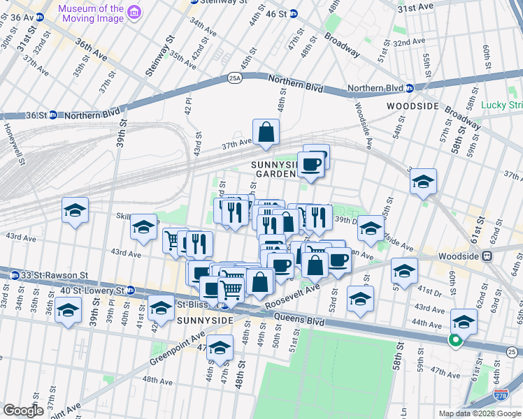 map of restaurants, bars, coffee shops, grocery stores, and more near 39-95 48th Street in Queens