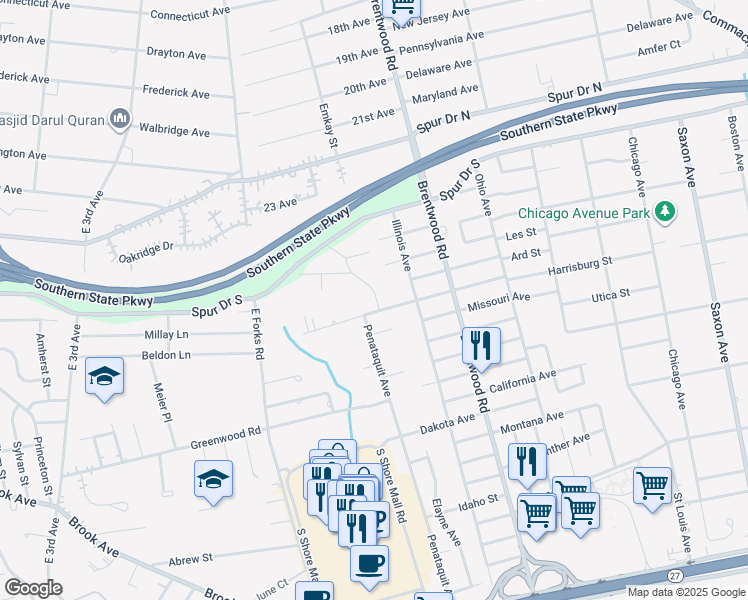 map of restaurants, bars, coffee shops, grocery stores, and more near 188 Newbrook Lane in Bay Shore