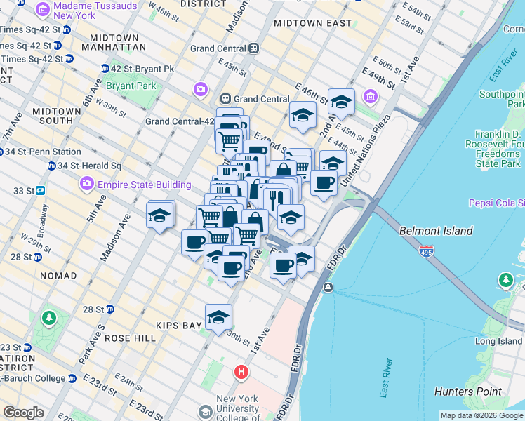 map of restaurants, bars, coffee shops, grocery stores, and more near 113 West 60th Street in New York