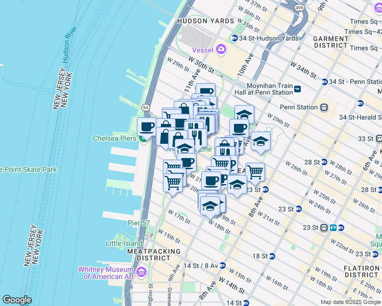 map of restaurants, bars, coffee shops, grocery stores, and more near 500 West 23rd Street in New York