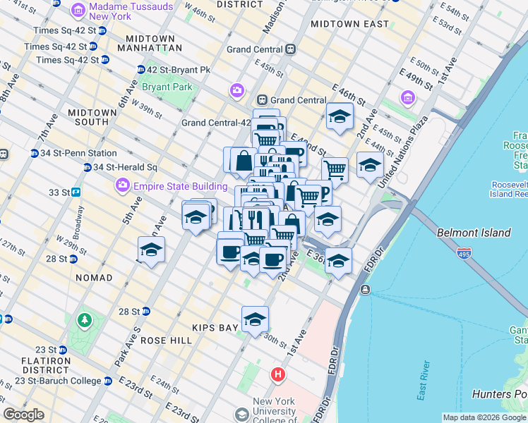 map of restaurants, bars, coffee shops, grocery stores, and more near 55456 3rd Avenue in New York