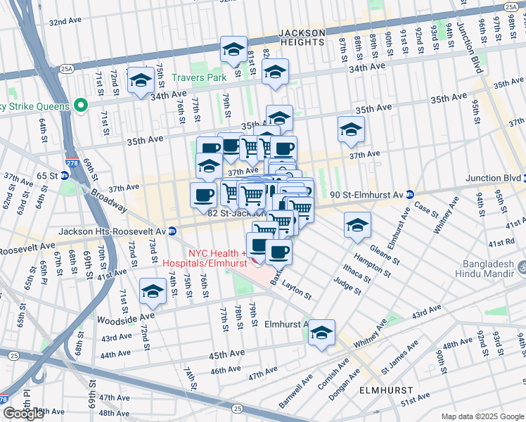 map of restaurants, bars, coffee shops, grocery stores, and more near 80-07 Roosevelt Avenue in Queens