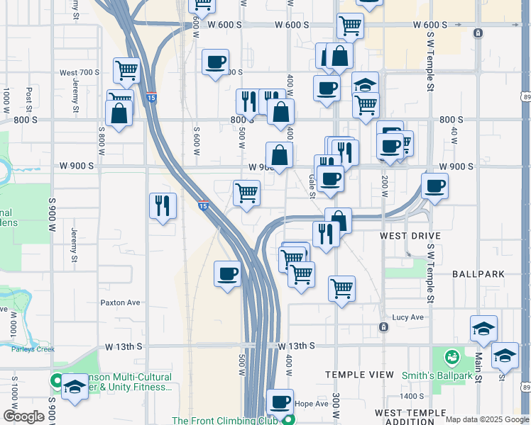 map of restaurants, bars, coffee shops, grocery stores, and more near 455 Fayette Avenue South in Salt Lake City