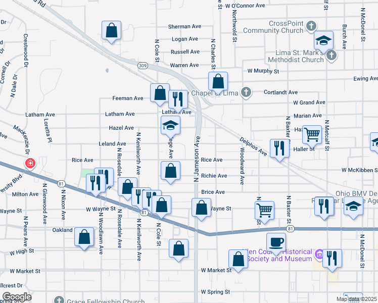 map of restaurants, bars, coffee shops, grocery stores, and more near 816 College Avenue in Lima
