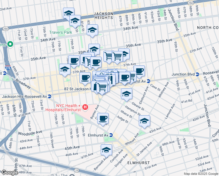 map of restaurants, bars, coffee shops, grocery stores, and more near 83-20 Roosevelt Avenue in Queens