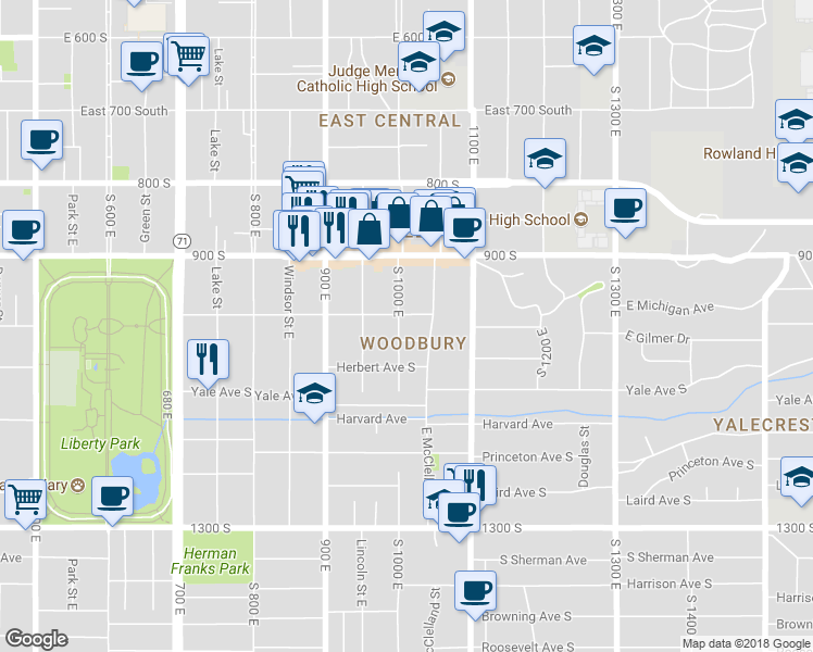map of restaurants, bars, coffee shops, grocery stores, and more near 983 South 1000 East in Salt Lake City