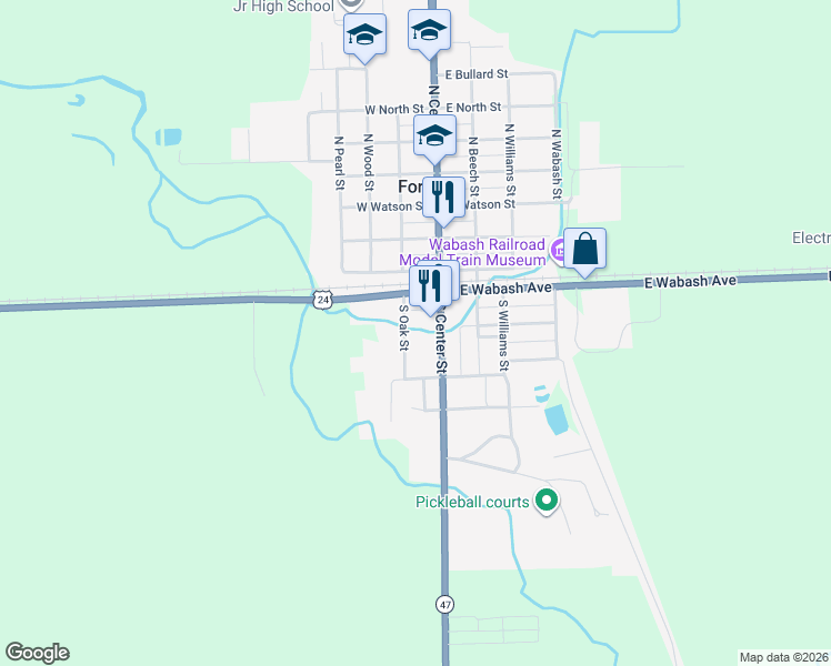 map of restaurants, bars, coffee shops, grocery stores, and more near 305 South Oak Street in Forrest