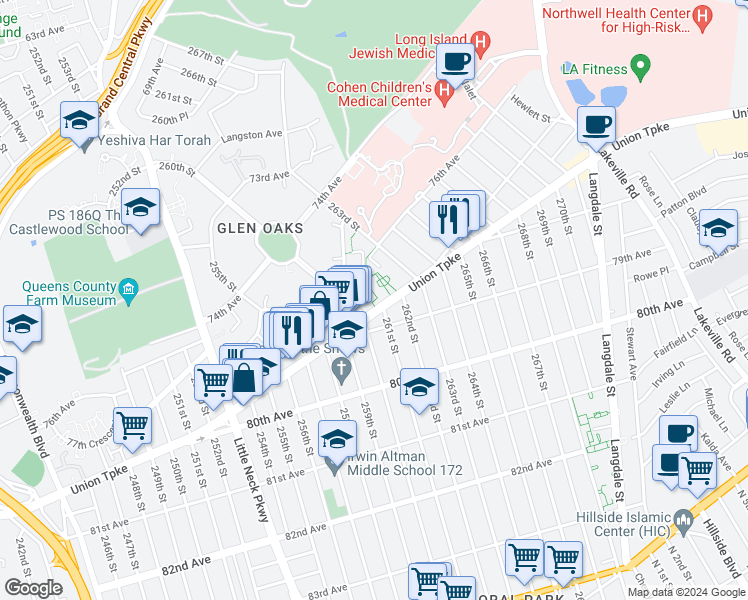 map of restaurants, bars, coffee shops, grocery stores, and more near 260-17 Union Turnpike in Queens