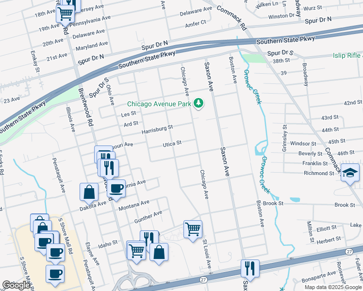 map of restaurants, bars, coffee shops, grocery stores, and more near 122 Utica Street in Bay Shore