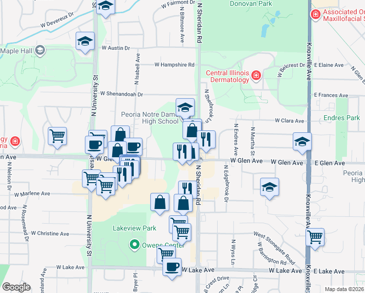 map of restaurants, bars, coffee shops, grocery stores, and more near 4924 North Everts Court in Peoria