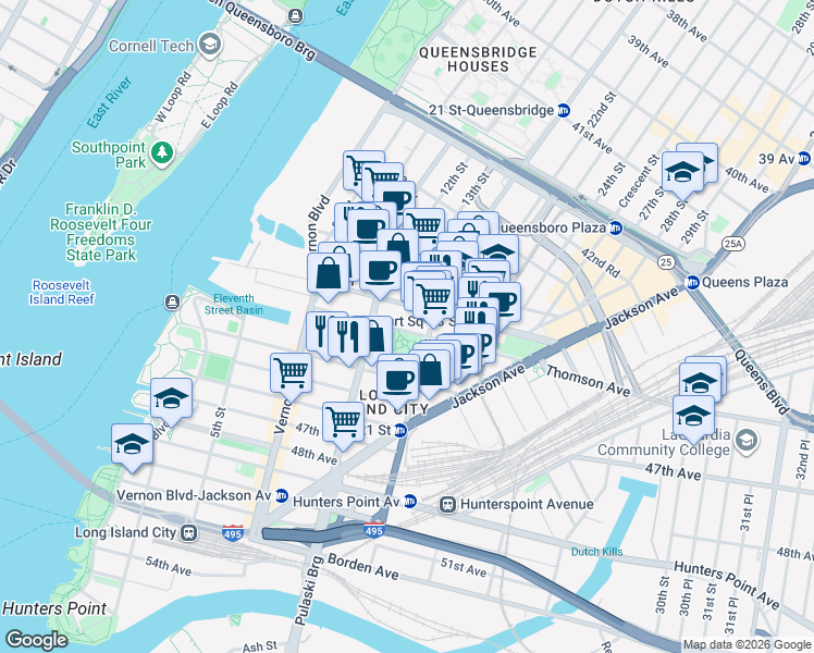 map of restaurants, bars, coffee shops, grocery stores, and more near 44-80 21st Street in Queens