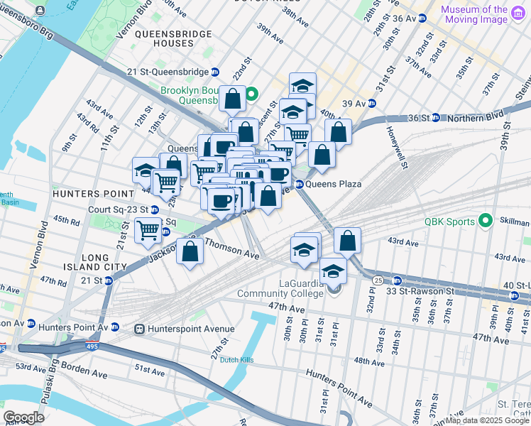map of restaurants, bars, coffee shops, grocery stores, and more near 43-22 Queens Street in Queens