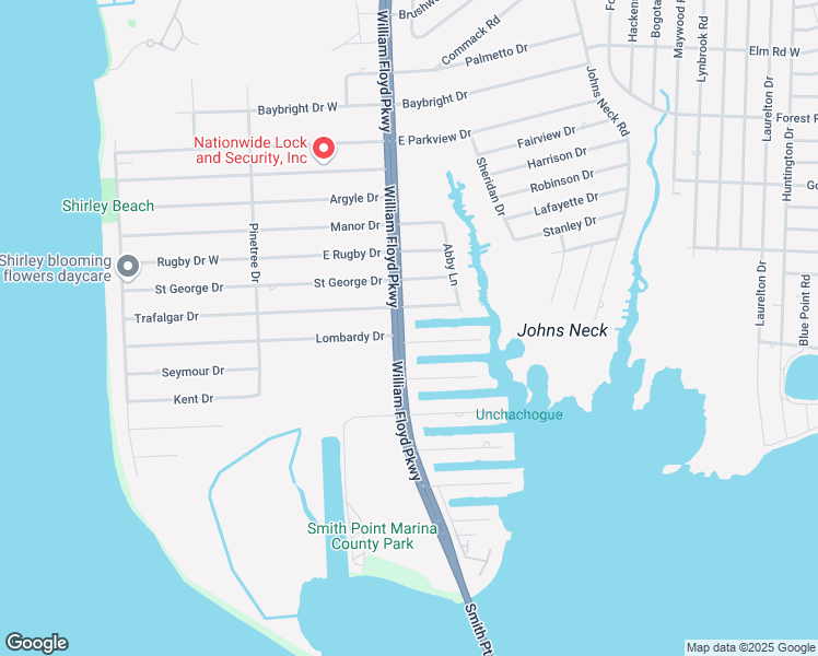 map of restaurants, bars, coffee shops, grocery stores, and more near 115 William Floyd Pkwy in Shirley