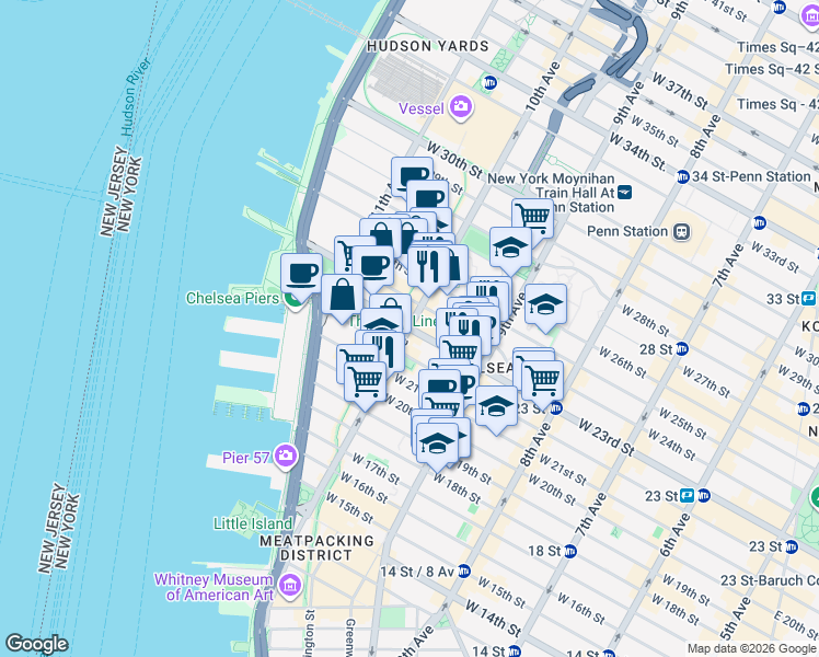 map of restaurants, bars, coffee shops, grocery stores, and more near West 23rd Street in New York