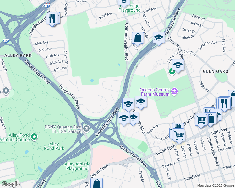 map of restaurants, bars, coffee shops, grocery stores, and more near 244-23 73rd Avenue in Queens