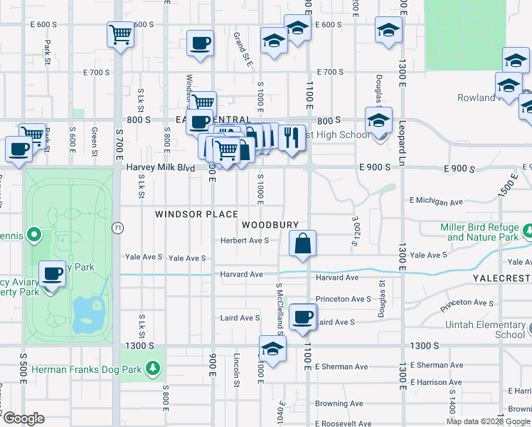 map of restaurants, bars, coffee shops, grocery stores, and more near 983 South 1000 East in Salt Lake City
