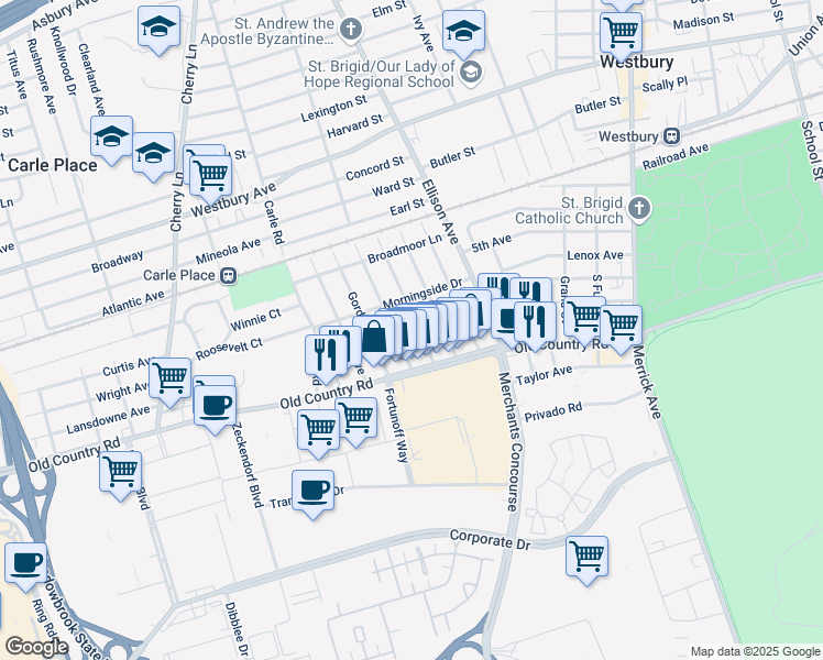 map of restaurants, bars, coffee shops, grocery stores, and more near 20 Evelyn Avenue in Westbury