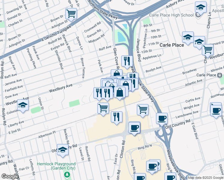 map of restaurants, bars, coffee shops, grocery stores, and more near 210 Glen Cove Road in Carle Place