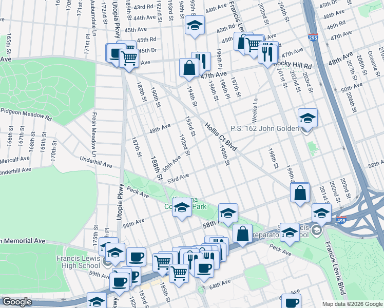 map of restaurants, bars, coffee shops, grocery stores, and more near 50-15 192nd Street in Queens