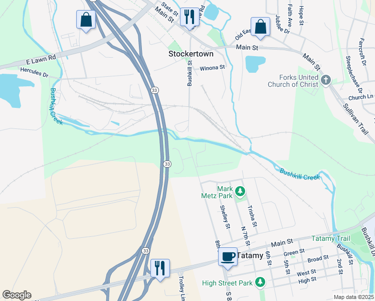 map of restaurants, bars, coffee shops, grocery stores, and more near 1540 Tatamy Road in Easton