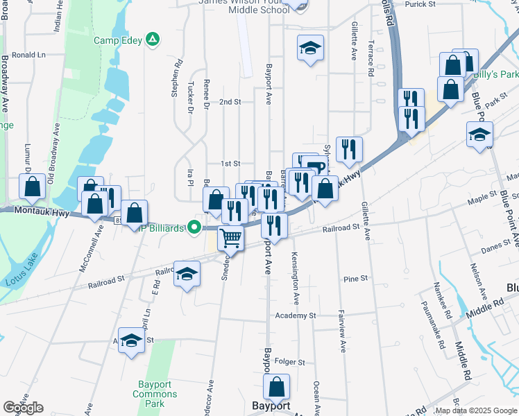 map of restaurants, bars, coffee shops, grocery stores, and more near 321 1st Avenue in Bayport