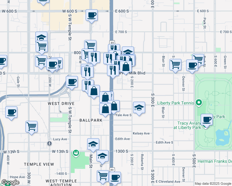 map of restaurants, bars, coffee shops, grocery stores, and more near 999 State Street in Salt Lake City