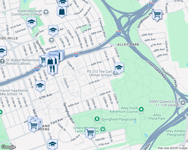 map of restaurants, bars, coffee shops, grocery stores, and more near 64-56 228th Street in Queens