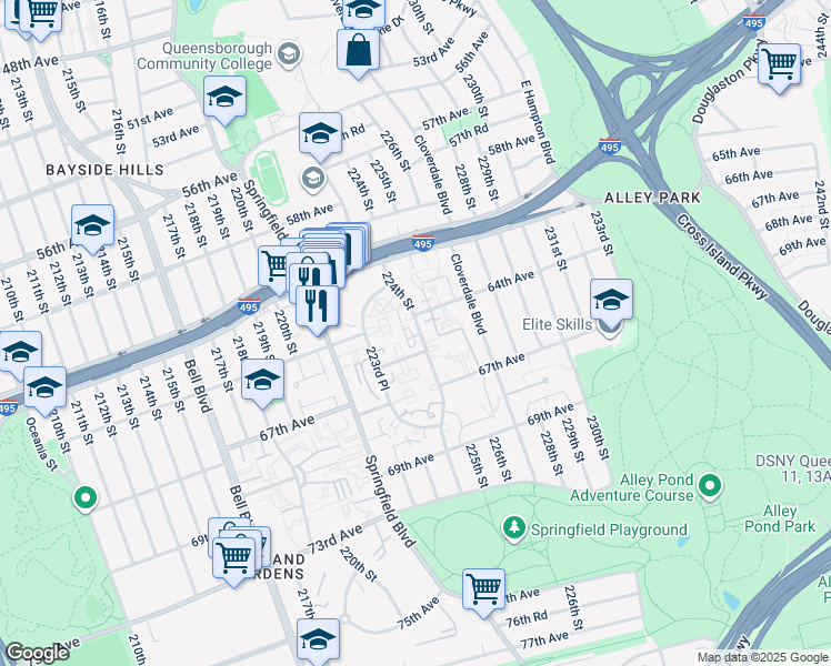 map of restaurants, bars, coffee shops, grocery stores, and more near 64-39 224 Street in Queens