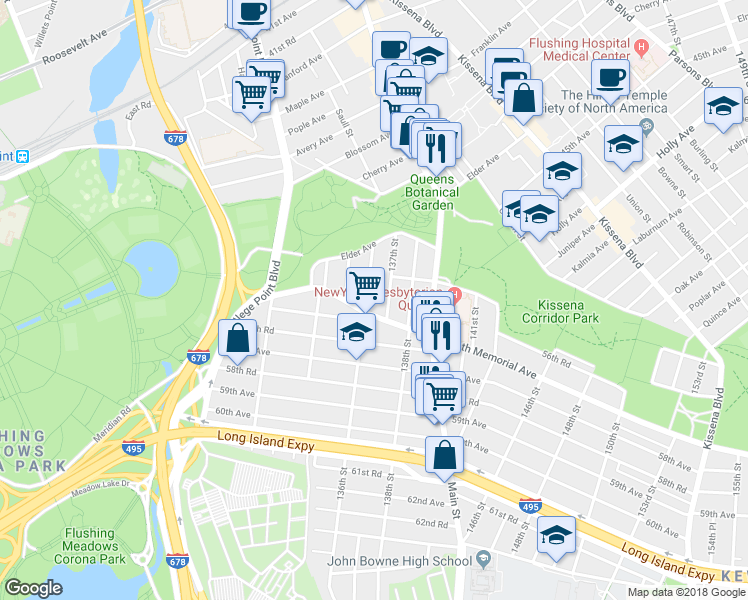 map of restaurants, bars, coffee shops, grocery stores, and more near 56-71 136th Street in Queens