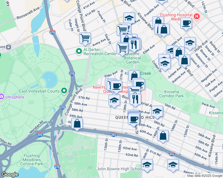 map of restaurants, bars, coffee shops, grocery stores, and more near 56-71 136th Street in Queens