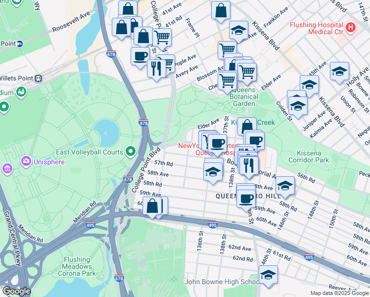 map of restaurants, bars, coffee shops, grocery stores, and more near 132-37 57th Avenue in Queens