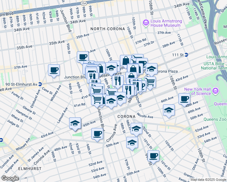 map of restaurants, bars, coffee shops, grocery stores, and more near 98-12 41st Avenue in Queens