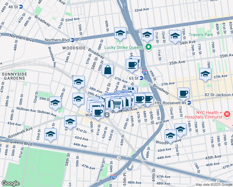 map of restaurants, bars, coffee shops, grocery stores, and more near 37-56 63rd Street in Queens