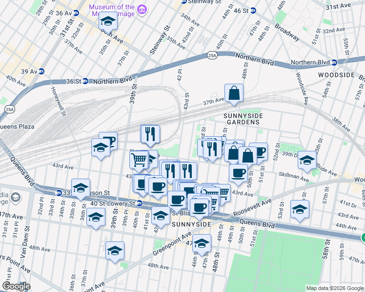 map of restaurants, bars, coffee shops, grocery stores, and more near 40-16 Locust Street in Queens