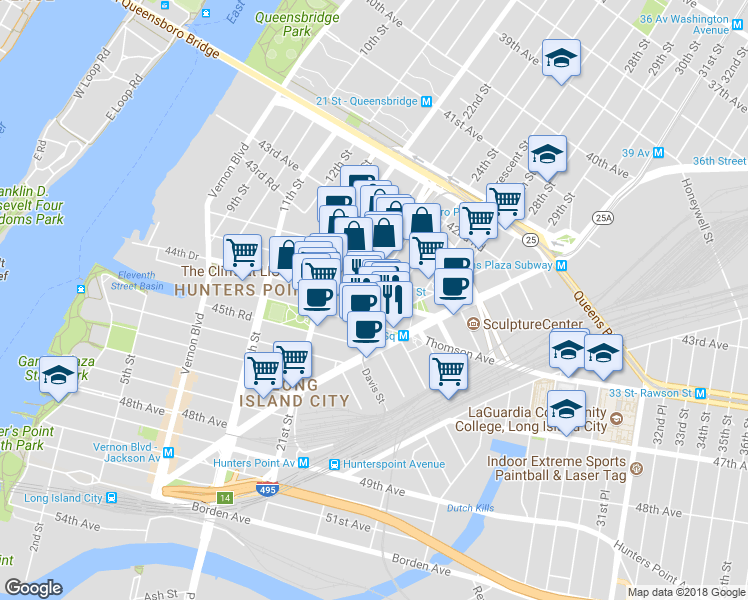 map of restaurants, bars, coffee shops, grocery stores, and more near 21-51 44th Drive in Queens